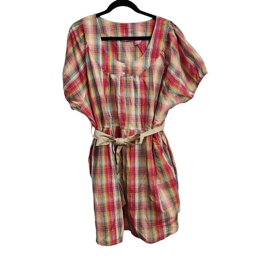 Woman Within Plaid Shirt Size 24W Pink Yellow Check Tunic Cotton